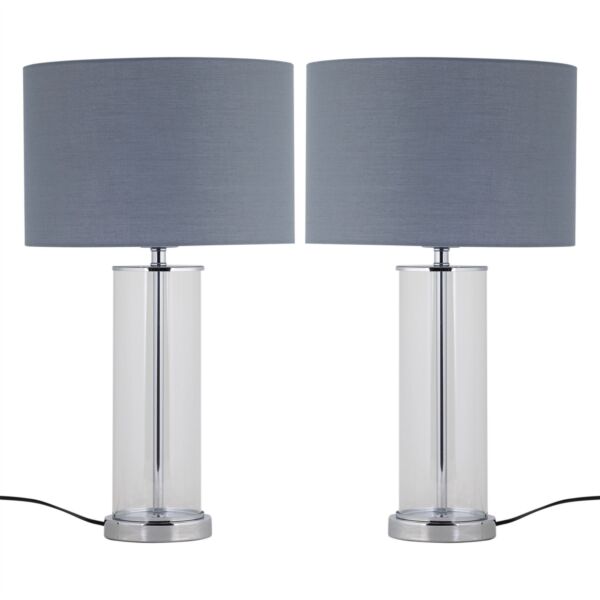 Set of 2 Aura - Chrome Table Lamps with Grey Cotton Shades