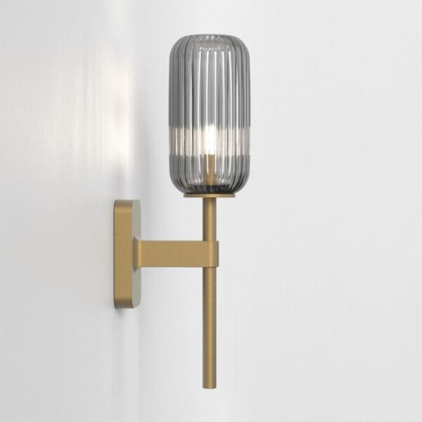 Astro Lighting - Tacoma Single 1429007 & 5036010 - IP44 Antique Brass Wall Light with Smoked Ribbed Reed Glass Shade