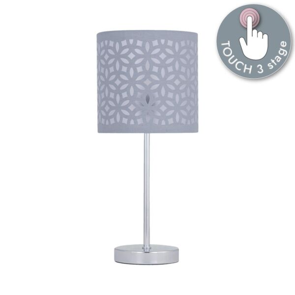 Chrome Touch Operated Table Lamp with Grey Cut Out Shade