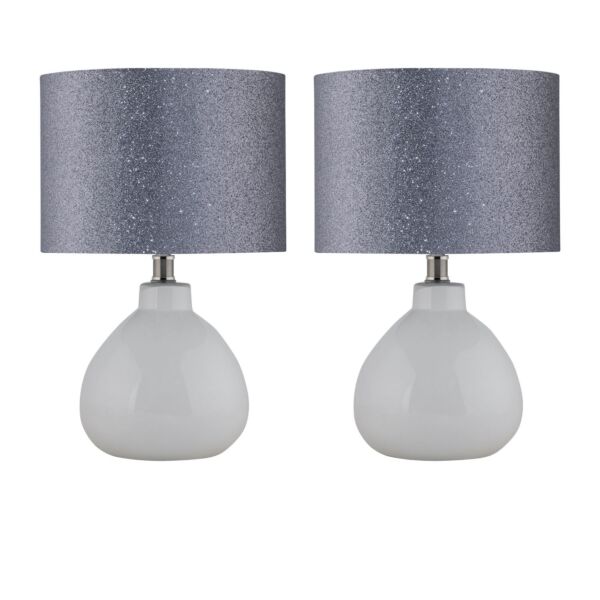 Set of 2 Tuscan - White Ceramic Lamps with Silver Grey Glitter Shade