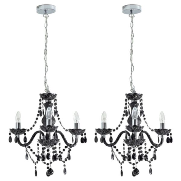 Set of 2 Marie Therese - Black and Chrome with Acrylic Jewels 3 Arm Chandeliers