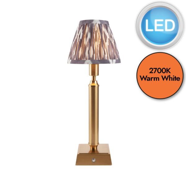 Endon Lighting - Trobridge Rechargeable & Ikat 16cm - 114866 - LED Aged Brass Grey Touch Table Lamp With Shade