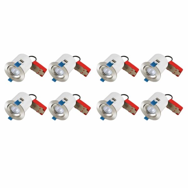 Set of 8 Fire Rated Downlights - Satin Chrome Tilt Fire Rated Recessed Downlights