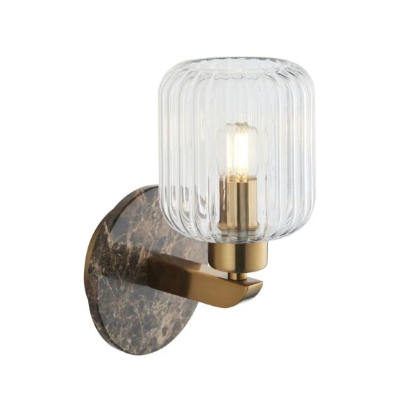 Endon Lighting - Travi - 120669 - Vintage Brass Brown Marble Clear Ribbed Glass Wall Light