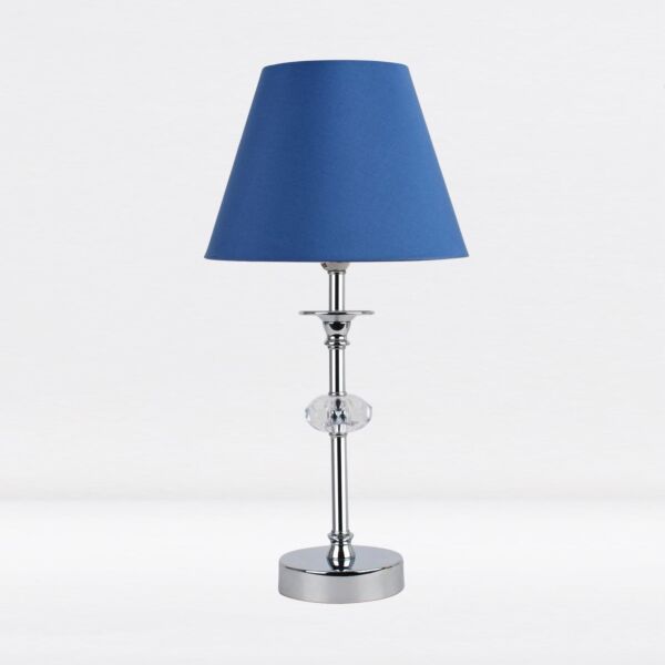 Chrome Plated Stacked Bedside Table Light Faceted Acrylic Detail Blue Fabric Shade