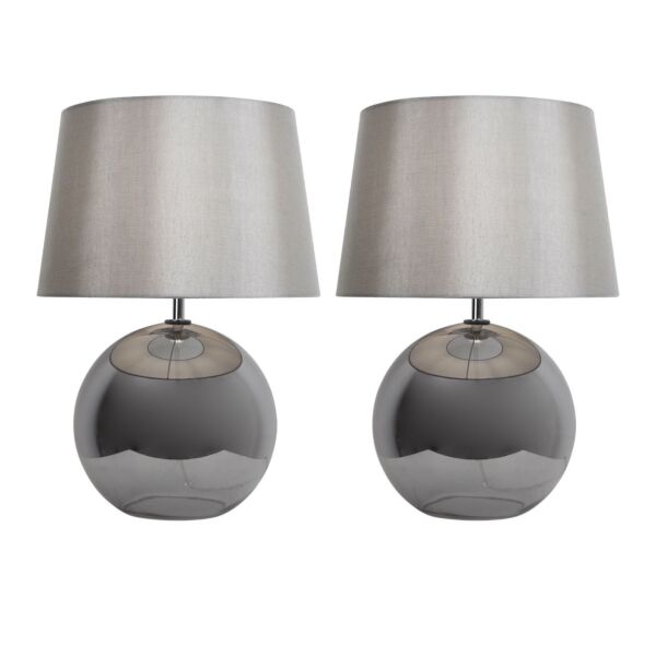 Set of 2 Ball - Smoked Glass Table Lamps with Grey Fabric Shades