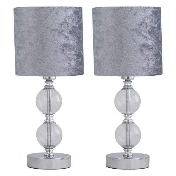 Set of 2 Chrome Two Ball Table Lamp with Grey Crushed Velvet Shades