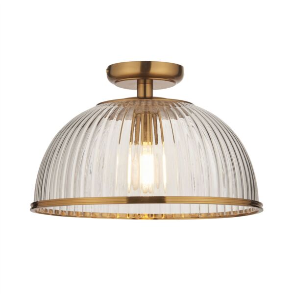 Endon Lighting - Somerset - 118751 - Vintage Brass Clear Ribbed Glass Flush Ceiling Light