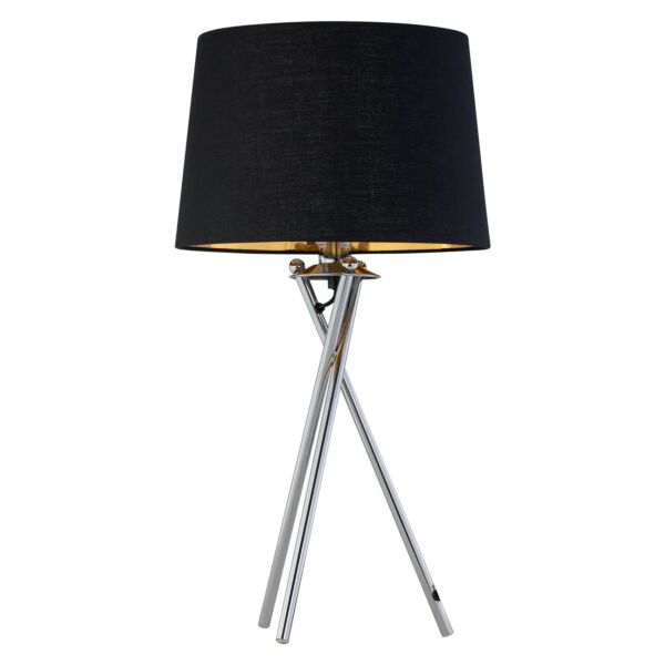 Tripod - Chrome Lamp with Black & Gold Fabric Shade