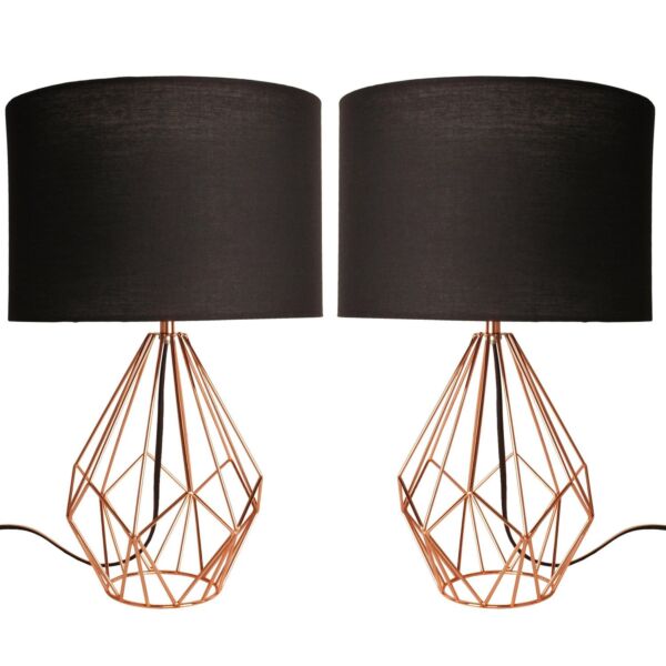 Set of 2 Copper Geometric 40cm Table Lamp with Black Shades