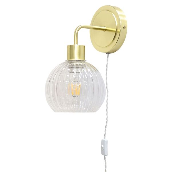 Toby - Satin Brass Plug in Wall Light with Betchley Clear Ribbed Shade