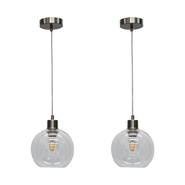 Set of 2 Barnum - Clear Glass Globe with Satin Nickel Pendant Fittings