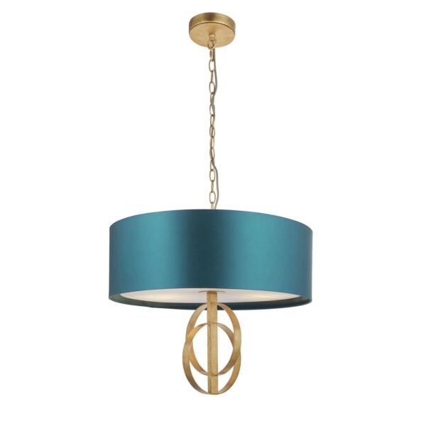 Browne - Antique Gold Leaf 3 Light Pendant - Teal Cotton Shade