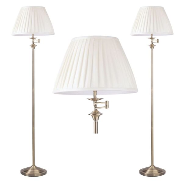 Set of 2 Antique Brass Swing Arm Floor Lamps with White Pleated Shades