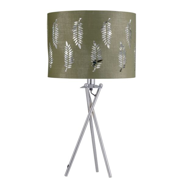 Chrome Tripod Table Lamp with Sage Green Fern Cut Out Shade