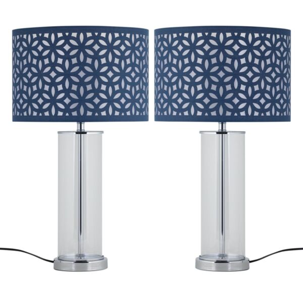 Set of 2 Aura - Chrome Table Lamps with Navy Blue Cut Out Shades