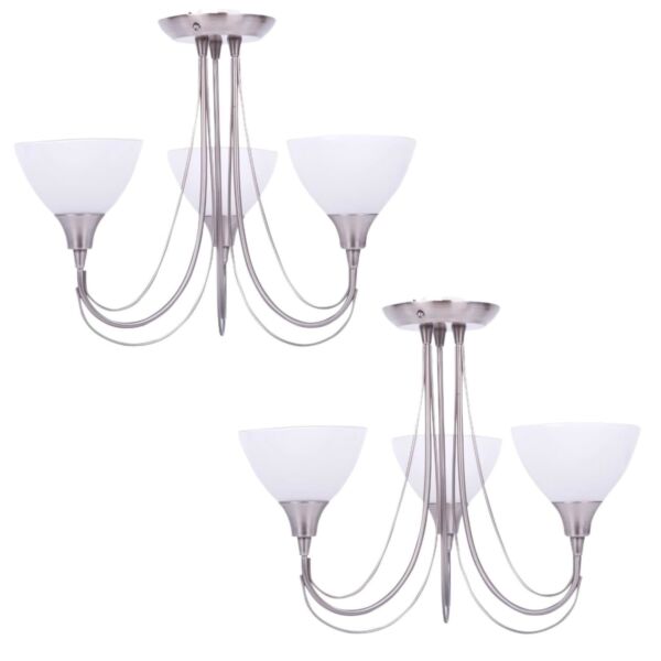 Pair of Brushed Chrome & Opal Glass 3 Light Semi Flushes