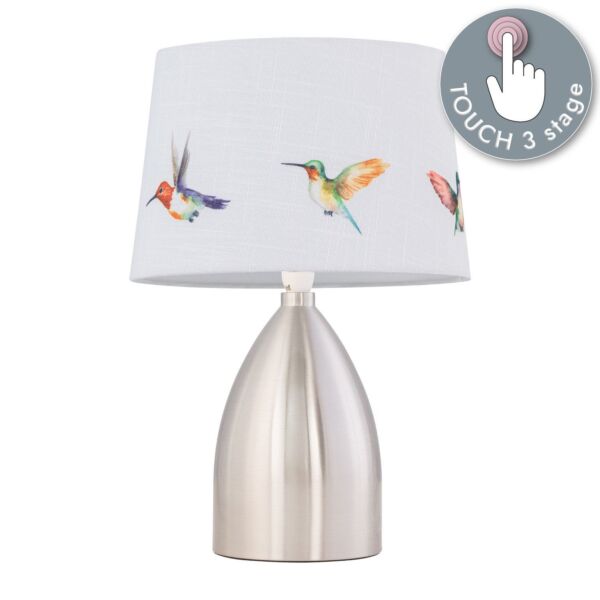 Valentina - Brushed Chrome Touch Lamp with Bird Print Shade