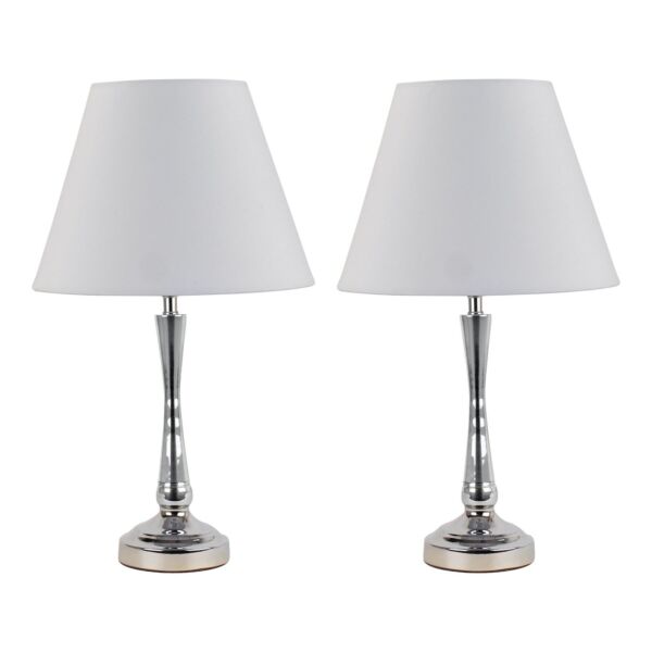 Set of 2 Chrome Table Lamps with Stem Detail and Ivory Shades