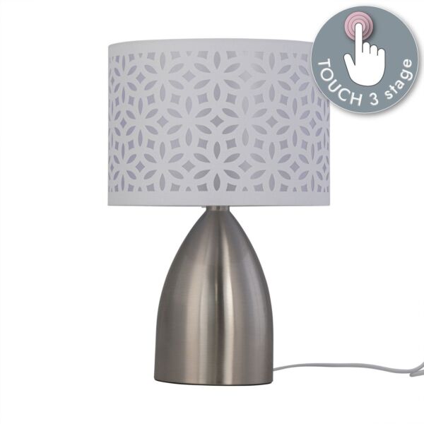 Valentina - Brushed Chrome Touch Lamp with White Cut Out Shade