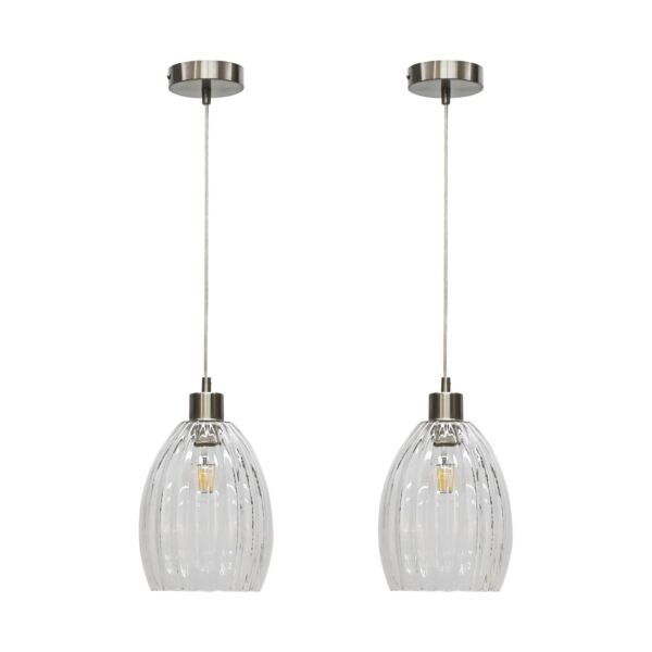 Set of 2 Birch - Clear Fluted Glass with Satin Nickel Pendant Fittings