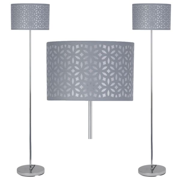 Set of 2 Chrome Stick Floor Lamps with Grey Laser Cut Shades