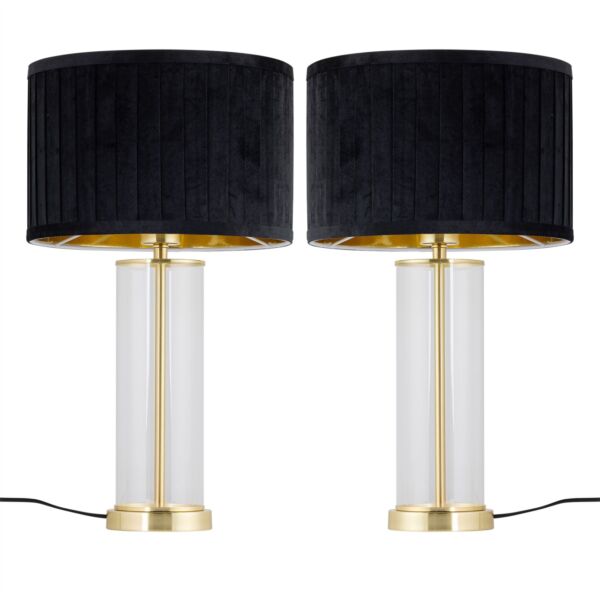 Set of 2 Aura - Satin Brass Lamps with Black Pleated Velvet Shades