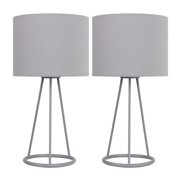 Set of 2 Tripod - Silver Tripod Table Lamps with Ring Detail and Grey Fabric Shades