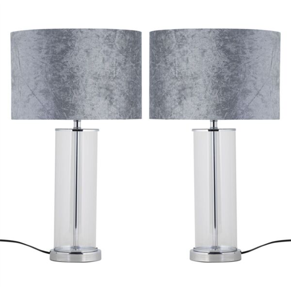 Set of 2 Aura - Chrome Table Lamps with Grey Crushed Velvet Shades