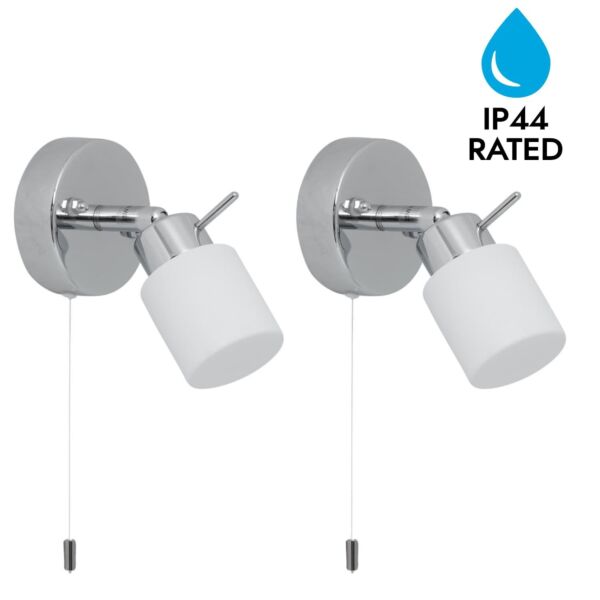 Set of 2 Iona - Chrome Opal Glass IP44 Pull Cord Bathroom Wall Spotlights