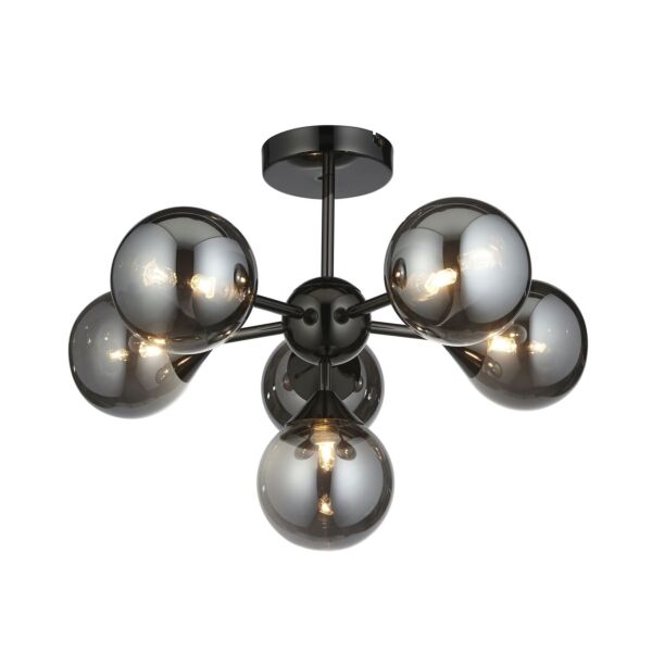 Endon Lighting - Oscar - 101148 - Black Chrome Smoked Glass 6 Light Flush Ceiling Light