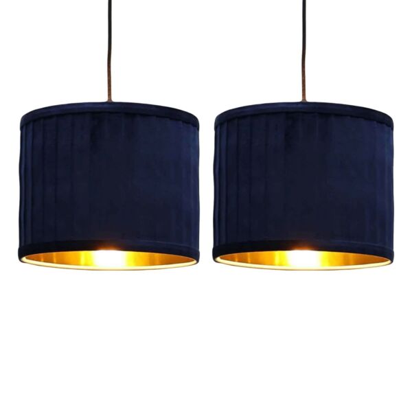 Set of 2 Sundance - Navy Blue Velvet Pleated 25cm Lamp Shades with Gold Inner