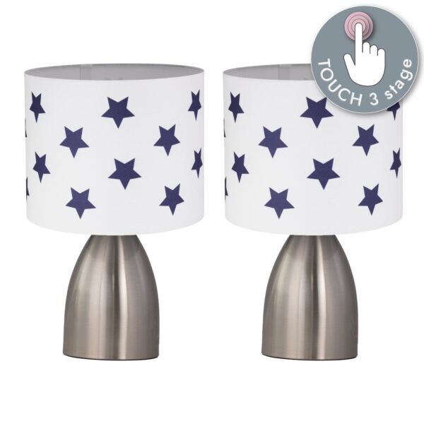 Set of 2 Valentina - Brushed Chrome Touch Lamps with White & Blue Stars Shades