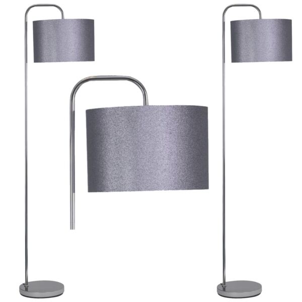 Set of 2 Chrome Arched Floor Lamps with Grey Glitter Shades