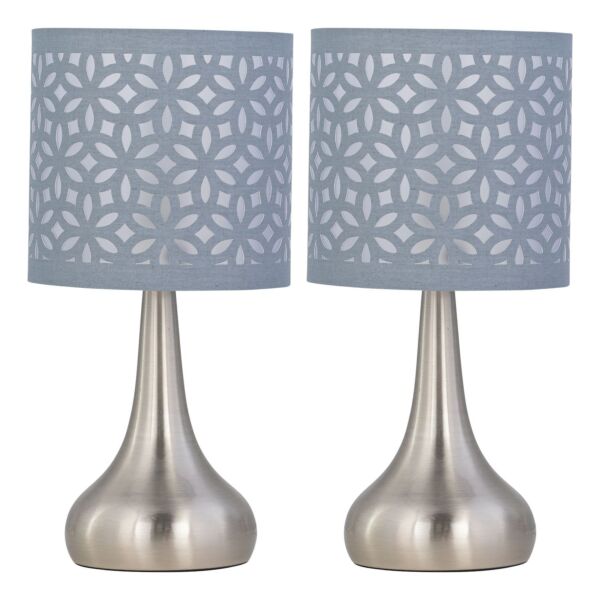 Set of 2 Romana - Brushed Chrome Touch Operated Table Lamps Bedside Lights Grey Laser Cut Shade