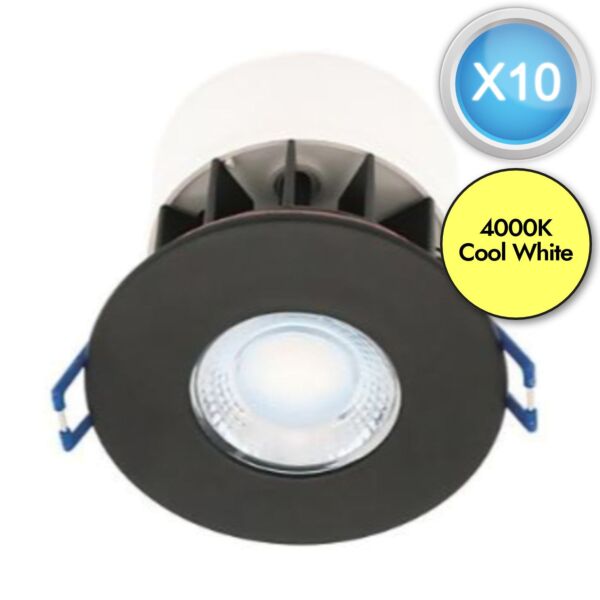 Set of 10 Fire Rated LED Bathroom Downlights - Matt Black IP65 Recessed Downlights