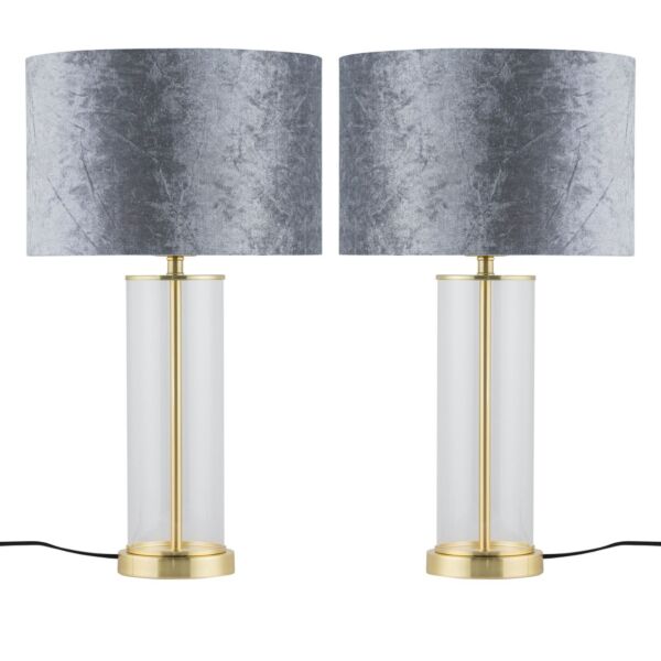 Set of 2 Aura - Satin Brass Lamps with Grey Crushed Velvet Shades