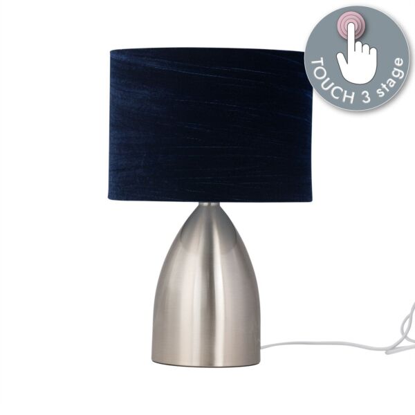 Valentina - Brushed Chrome Touch Lamp with Navy Crushed Velvet Shade