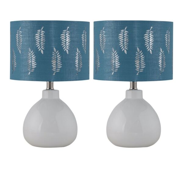 Set of 2 Tuscan - White Ceramic Lamps with Teal Fern Shade