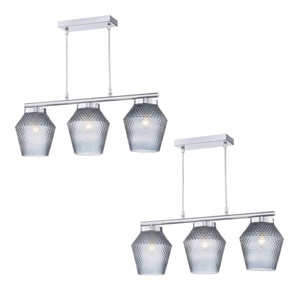 Set of 2 Fraser - Smoked Textured Glass 3 Light Pendant Bars