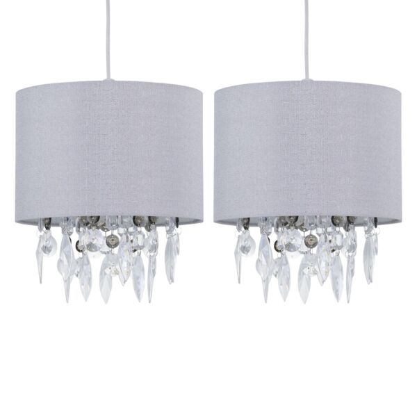 Set of 2 Fiji - Grey Linen with Silver Fleck Detail Jewelled Pendant Shades