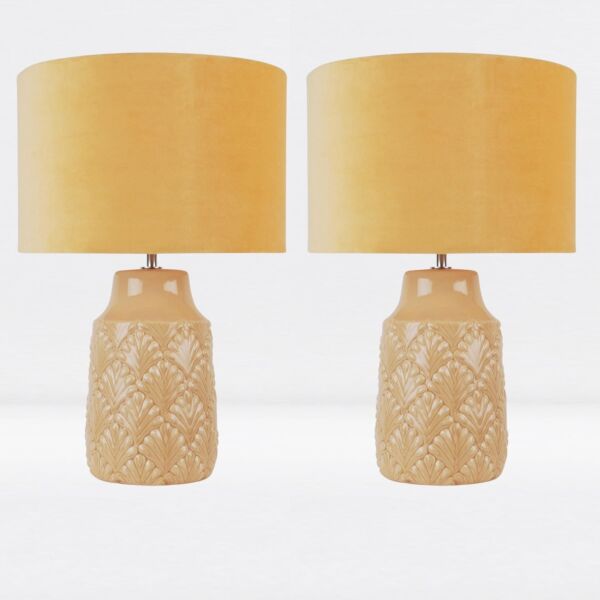 Set of 2 Peacock Glazed Ceramic Lamps with Ochre Velour Shade