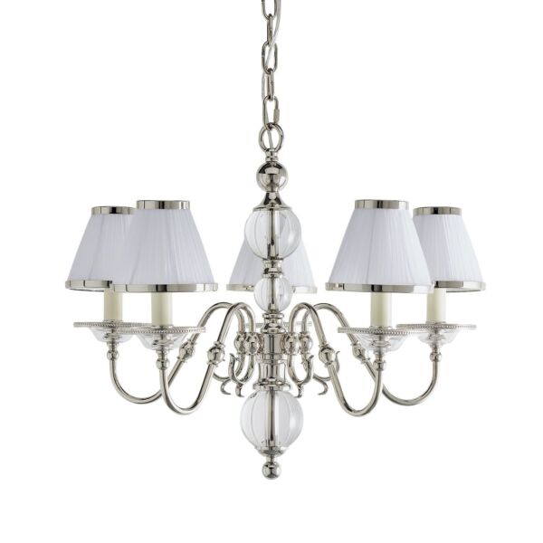 Interiors 1900 - Tilburg - 63714 - Nickel Clear Crystal Glass White Pleated 5 Light Chandelier