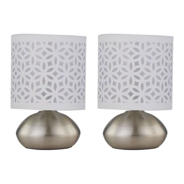 Set of 2 Jenson - Brushed Chrome Touch Table Lamps White Cut Out Shade