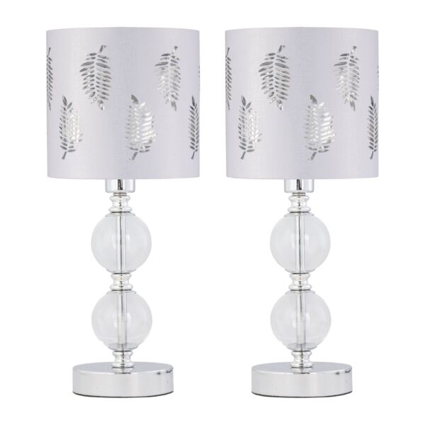 Set of 2 Chrome Two Ball Table Lamps with White Fern Shades