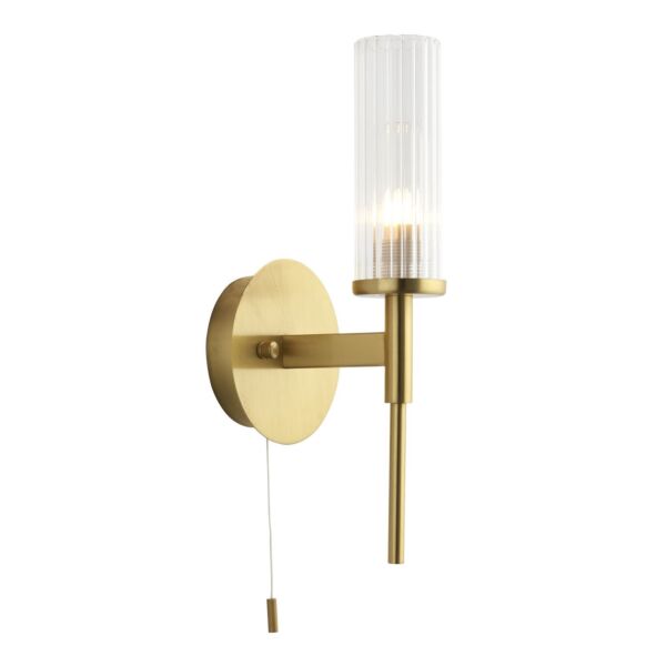 Endon Lighting - Talo - 96163 - Satin Brass Clear Ribbed Glass IP44 Pull Cord Bathroom Wall Light