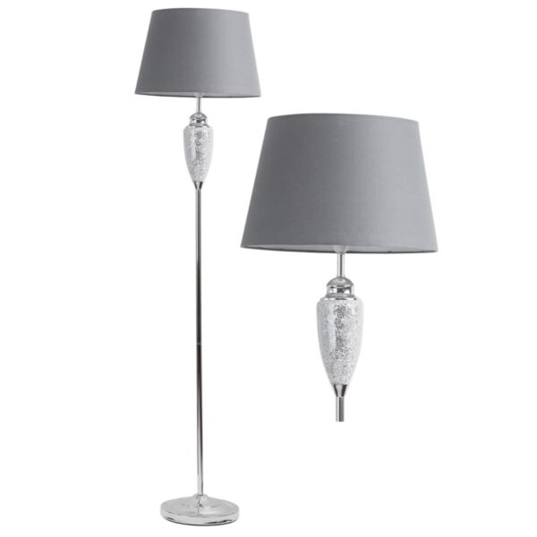 Mirrored Crackle Glass Floor Lamp with Grey Shade