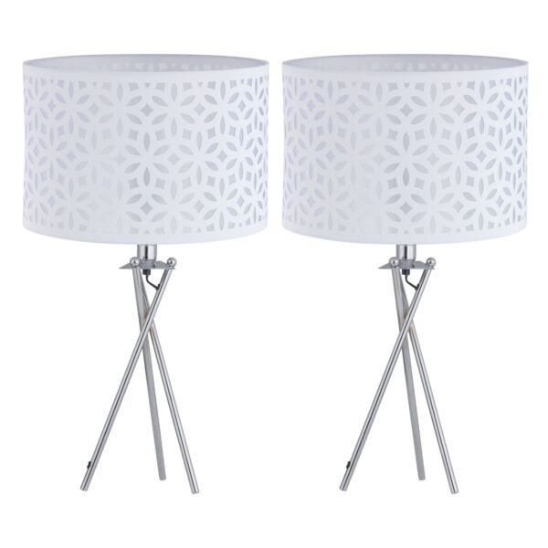 Set of 2 Chrome Tripod Table Lamps with White Laser Cut Shades