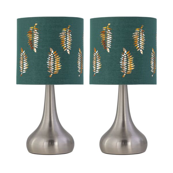 Set of 2 Romana - Brushed Chrome Touch Operated Table Lamps Bedside Lights Dark Green Fern Shade