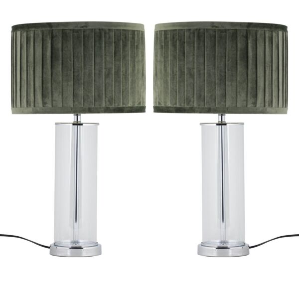 Set of 2 Aura - Chrome Table Lamps with Green Pleated Velvet Shades